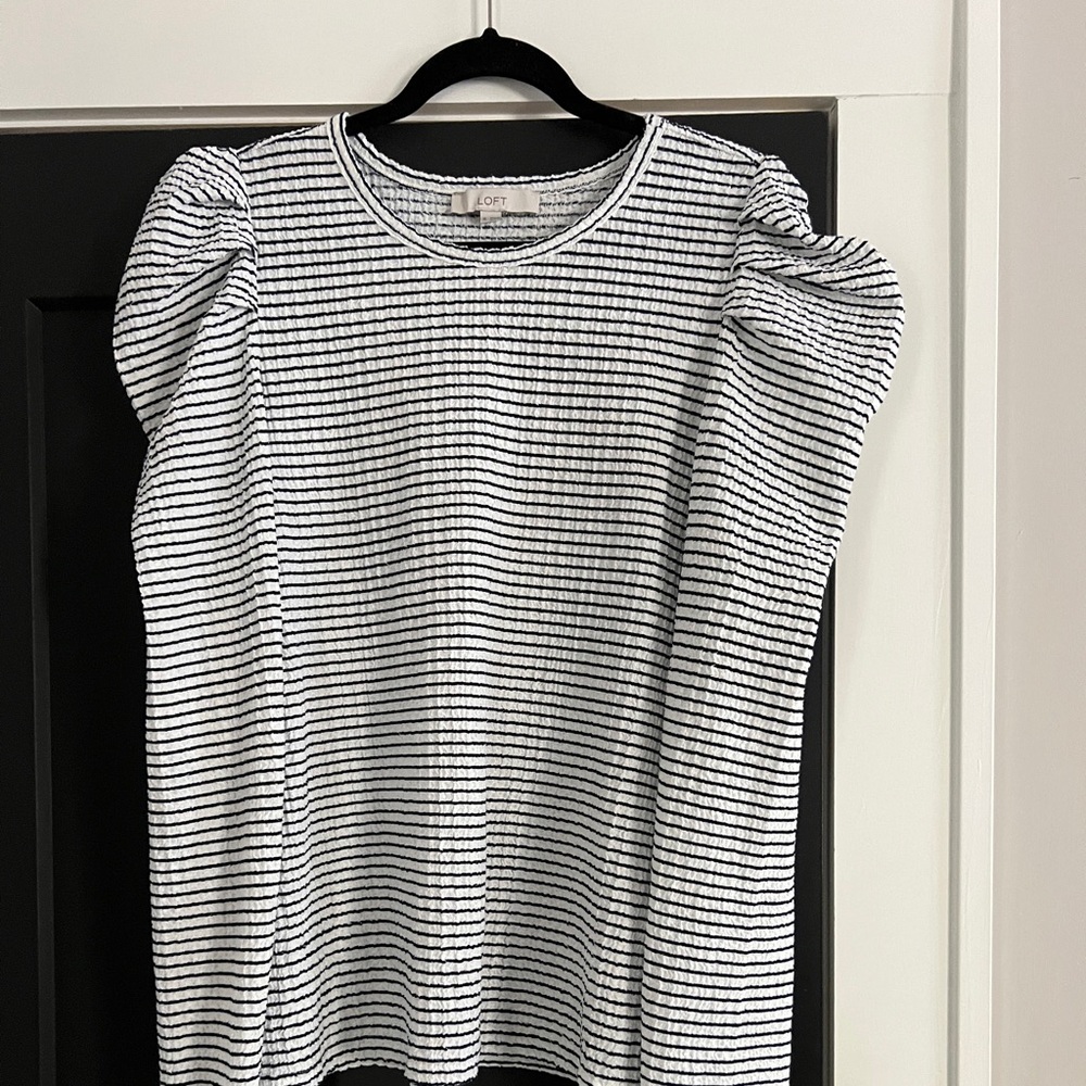 LOFT XL: Black and White Striped Puff Sleeve Top, EUC